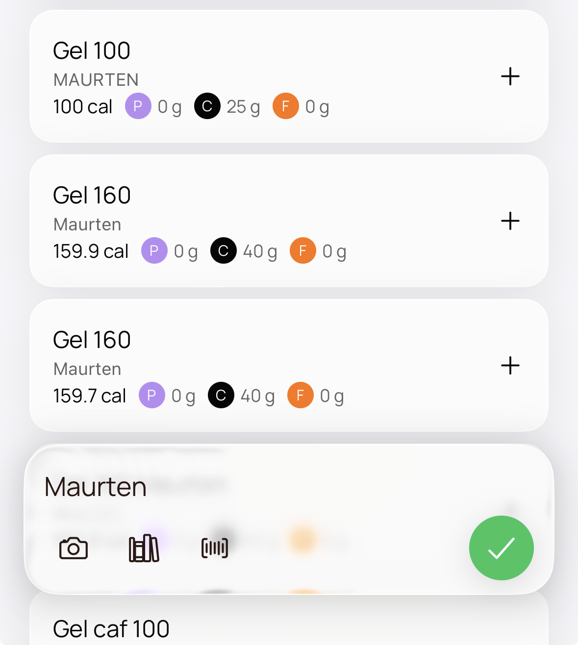 Food search interface showing Maurten gel results